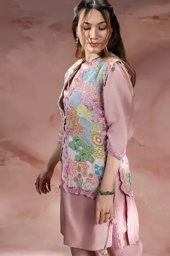 Rose pink embroidered chanderi co ord set