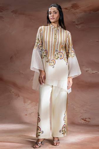 Beige embroidered silk co ord set