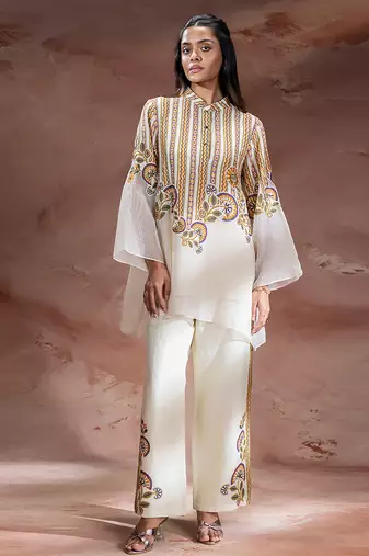 Beige embroidered silk co ord set