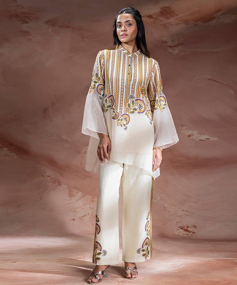 Beige embroidered silk co ord set