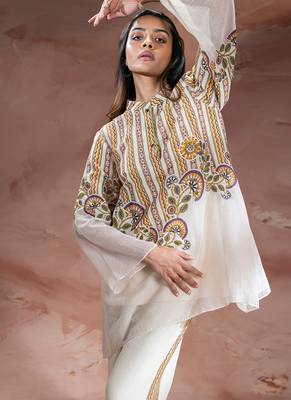 Beige embroidered silk co ord set 2