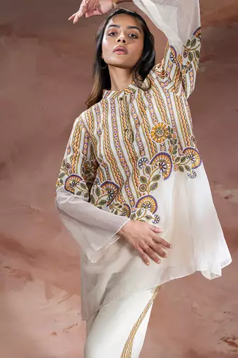 Beige embroidered silk co ord set