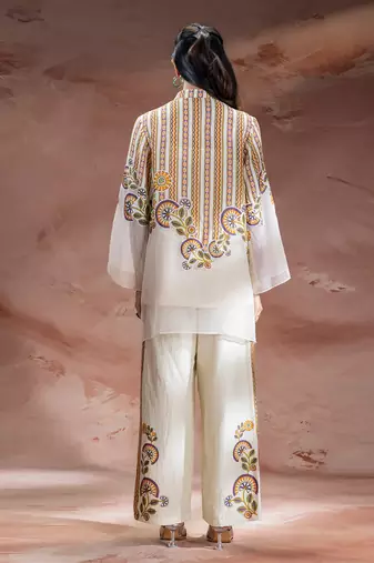 Beige embroidered silk co ord set