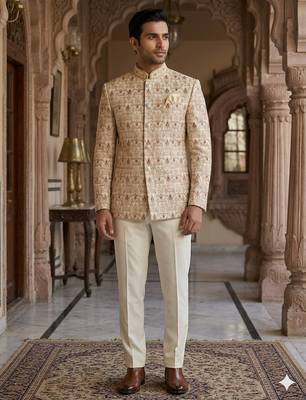 Golden color jodhpuri with maroon color touchup embroidery for men | premium designer bandhgala ethnic wear 2