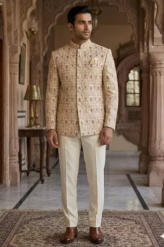 Golden color jodhpuri with maroon color touchup embroidery for men | premium designer bandhgala ethnic wear