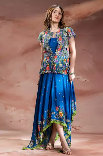 Blue embroidered chanderi dress
