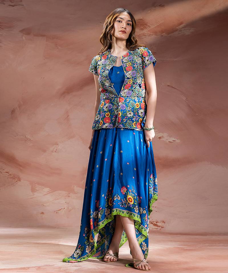 Blue embroidered chanderi dress