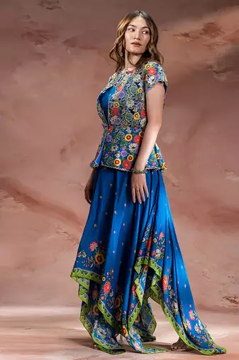 Blue embroidered chanderi dress