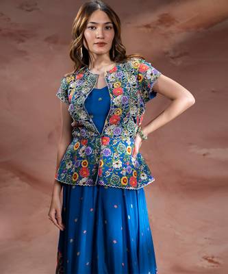 Blue embroidered chanderi dress 3