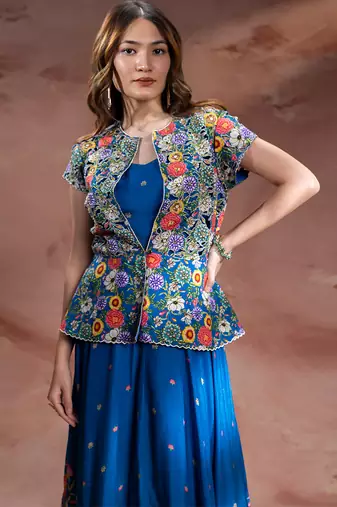 Blue embroidered chanderi dress