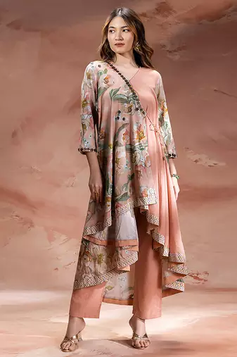 Rose pink embroidered chanderi co ord set