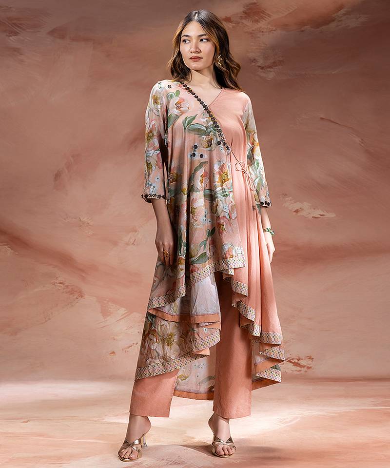 Rose pink embroidered chanderi co ord set