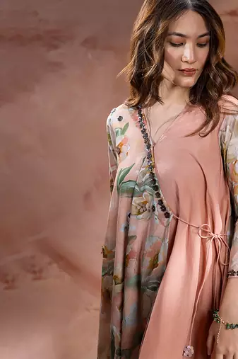 Rose pink embroidered chanderi co ord set