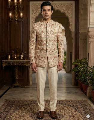 Beige color jodhpuri with maroon color touchup embroidery for men | premium designer bandhgala ethnic wear 2