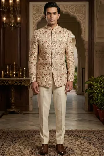 Beige color jodhpuri with maroon color touchup embroidery for men | premium designer bandhgala ethnic wear