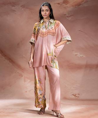 Rose pink printed chanderi co ord set 1