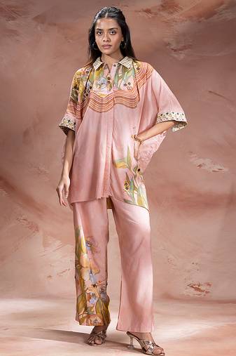 Rose pink printed chanderi co ord set