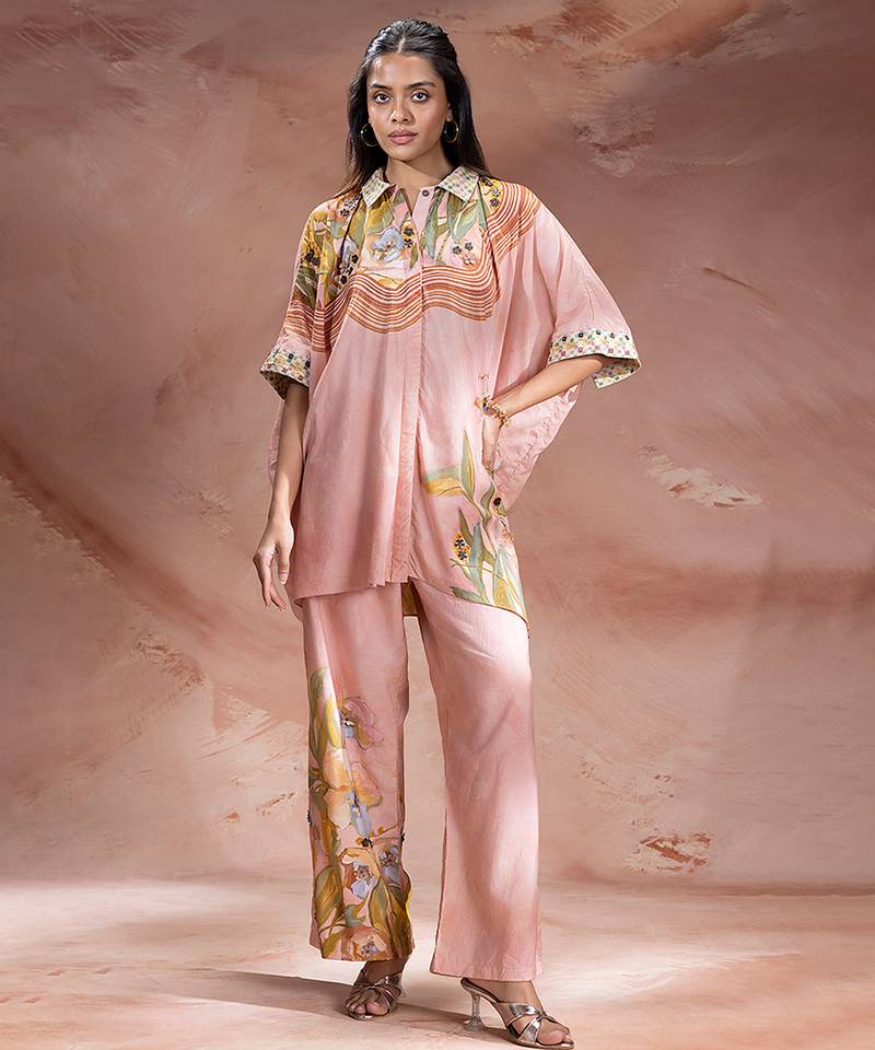 Rose pink printed chanderi co ord set