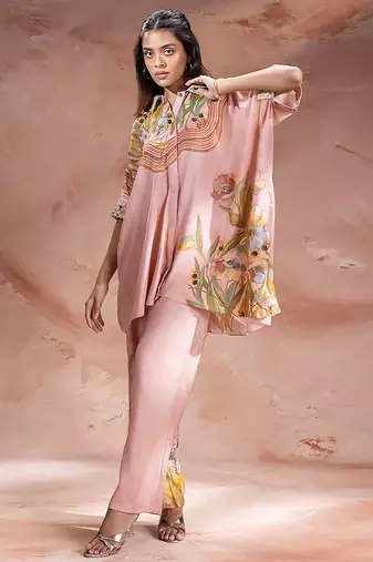 Rose pink printed chanderi co ord set
