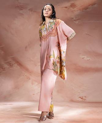 Rose pink printed chanderi co ord set 3