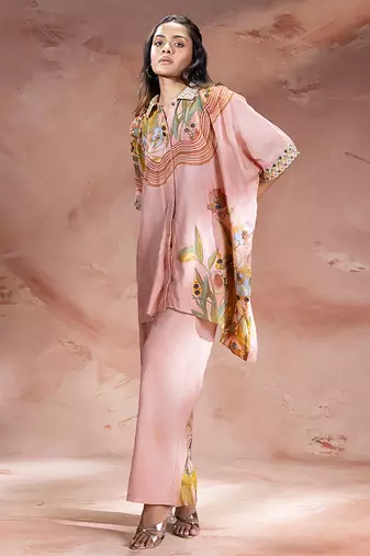 Rose pink printed chanderi co ord set