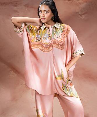 Rose pink printed chanderi co ord set 4