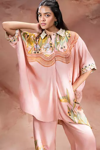Rose pink printed chanderi co ord set