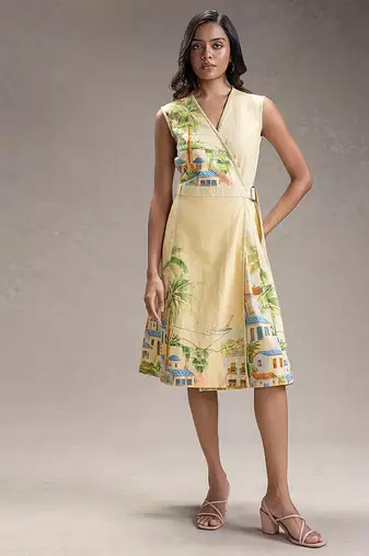 Yellow printed twill cotton dress