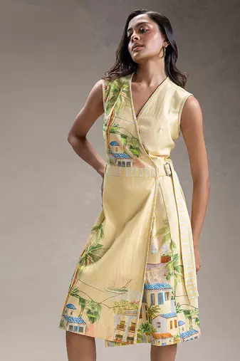 Yellow printed twill cotton dress