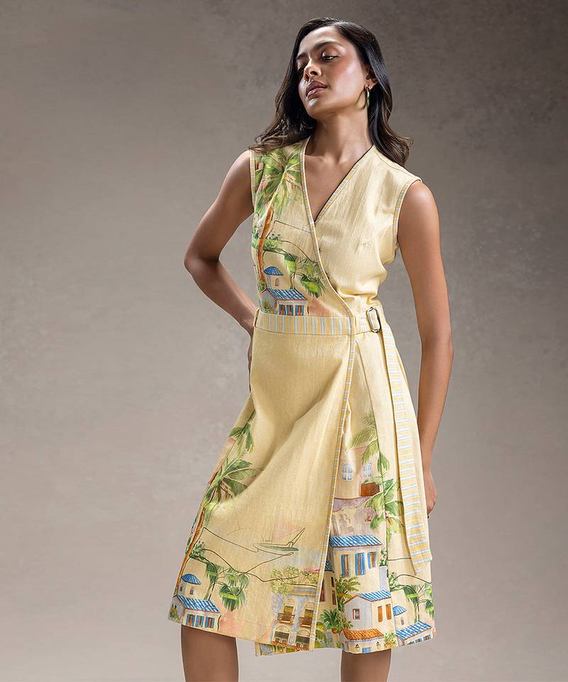 Yellow printed twill cotton dress