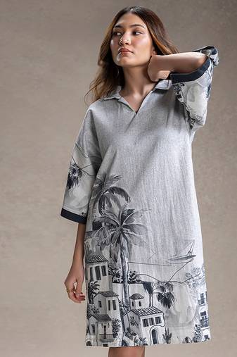 Grey printed twill cotton short dress