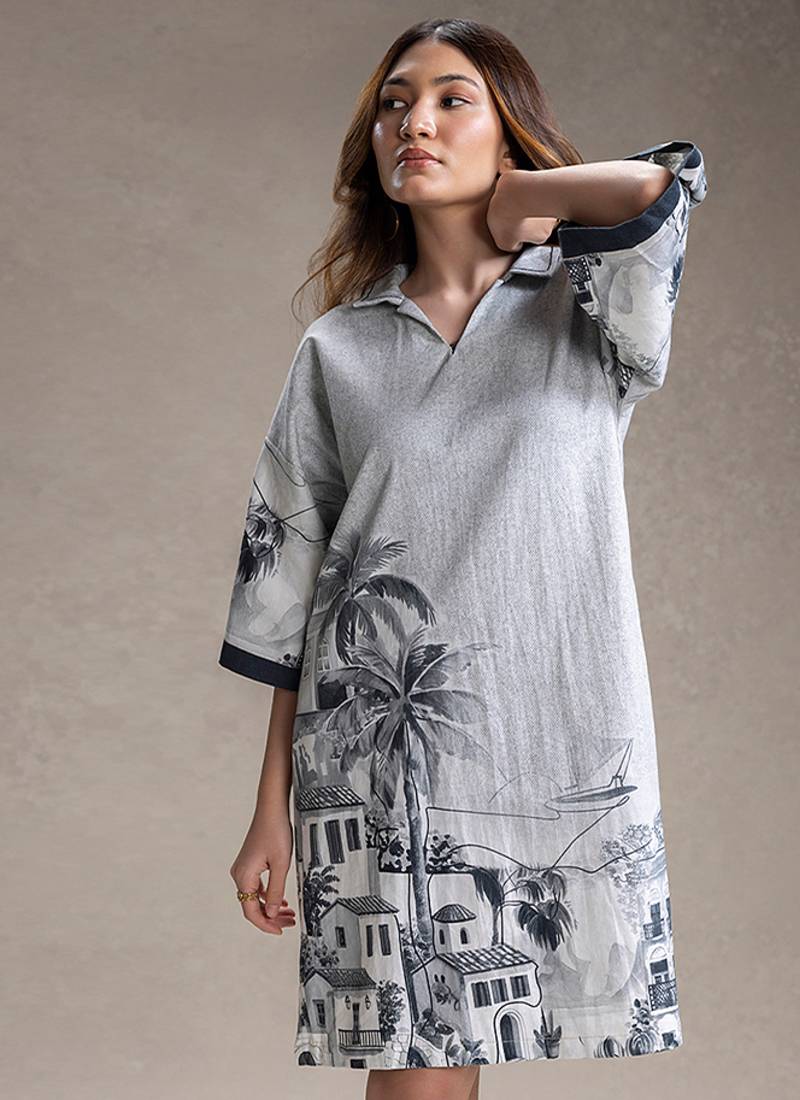 Grey printed twill cotton short dress