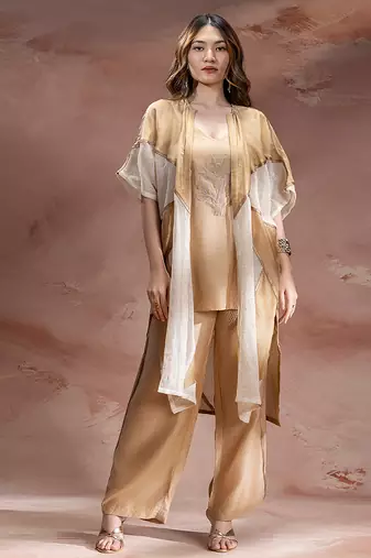 Beige embroidered chanderi co ord set