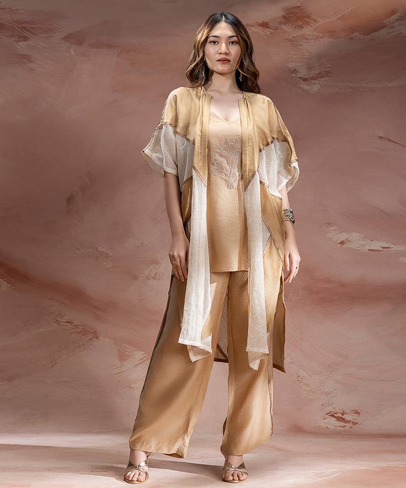 Beige embroidered chanderi co ord set