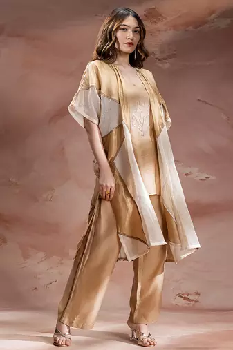 Beige embroidered chanderi co ord set