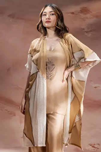 Beige embroidered chanderi co ord set
