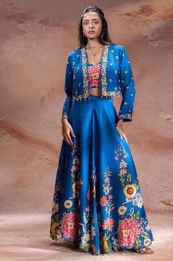 Blue embroidered silk co ord set