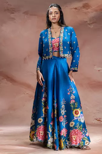 Blue embroidered silk co ord set