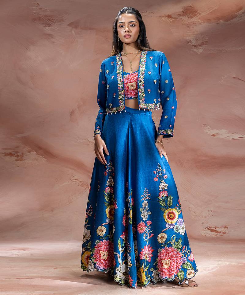 Blue embroidered silk co ord set