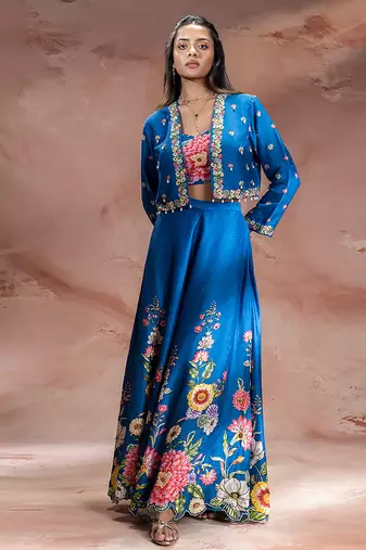 Blue embroidered silk co ord set