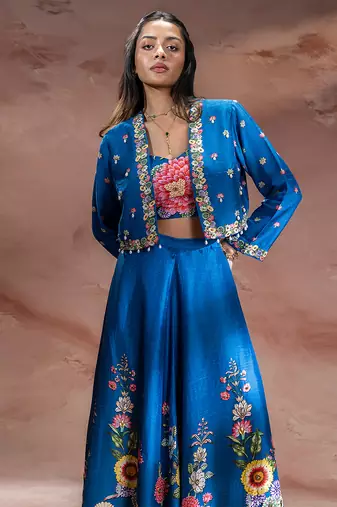 Blue embroidered silk co ord set