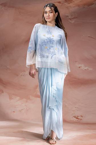 Sky blue embroidered net co ord set