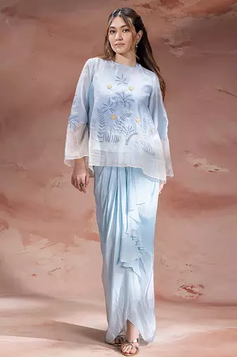 Sky blue embroidered net co ord set