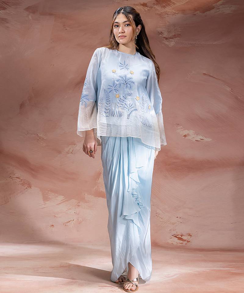 Sky blue embroidered net co ord set
