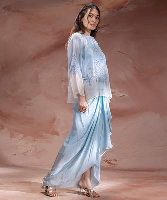 Sky blue embroidered net co ord set 2
