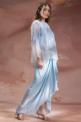 Sky blue embroidered net co ord set