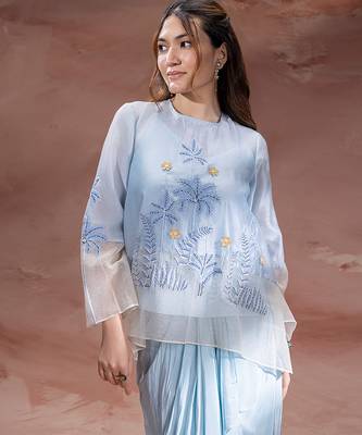 Sky blue embroidered net co ord set 3