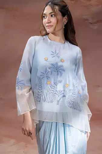Sky blue embroidered net co ord set