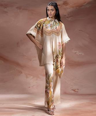 Beige embroidered chanderi co ord set 1