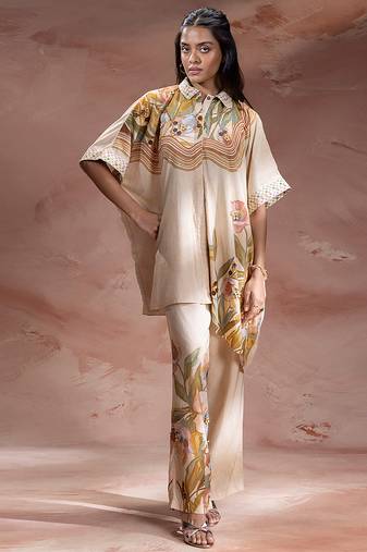 Beige embroidered chanderi co ord set